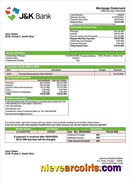 India Jammu & Kashmir Bank mortgage statement Word and PDF template